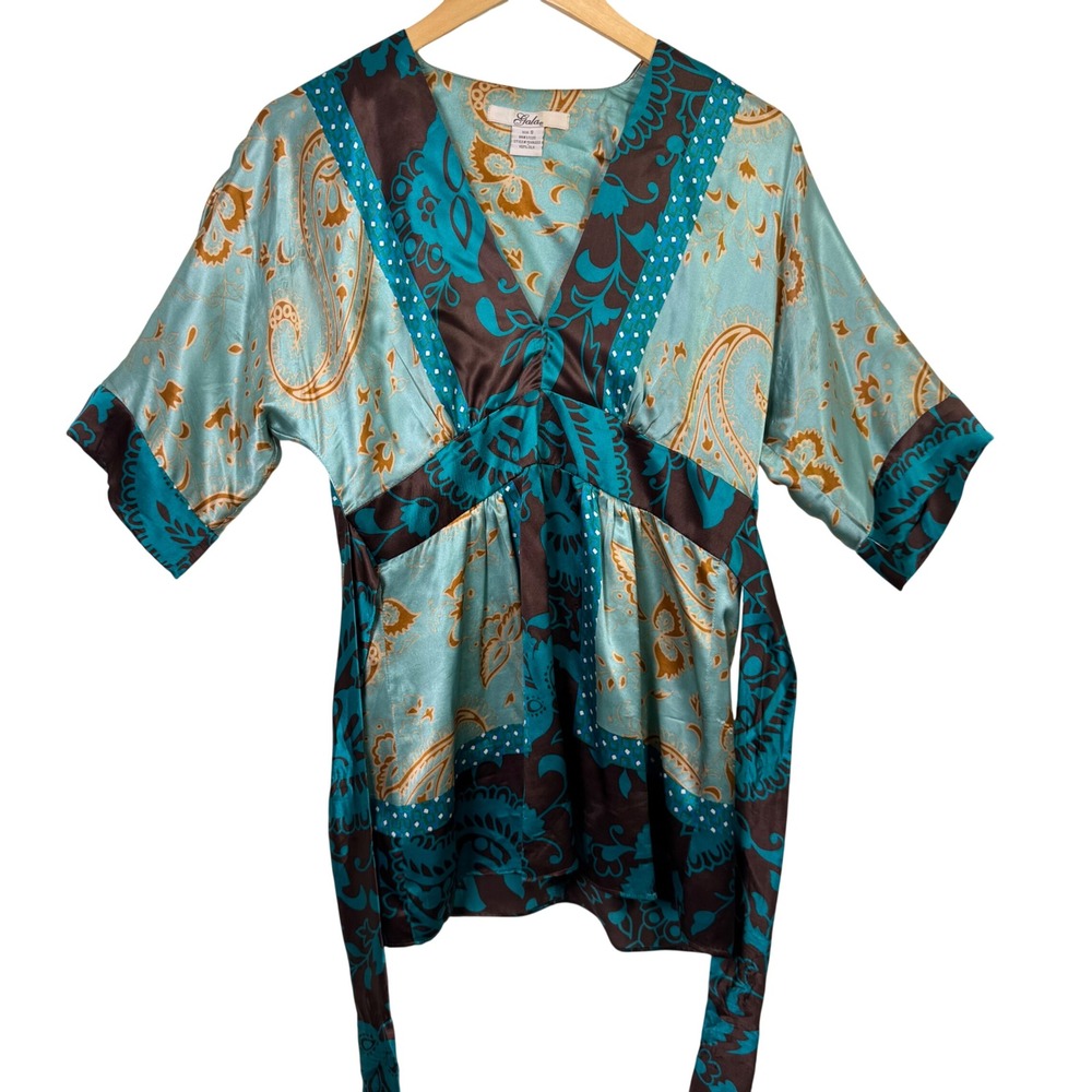 VTG Gala Small Kimono Style‎ Blouse Y2K Top 100% Silk Teal Brown VNeck Belted
